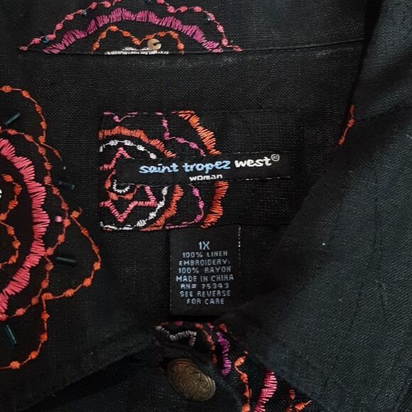 Saint  Tropez  West‎ 100 % Linen Black Beaded Sequin Jacket 1X - Picture 10 of 11